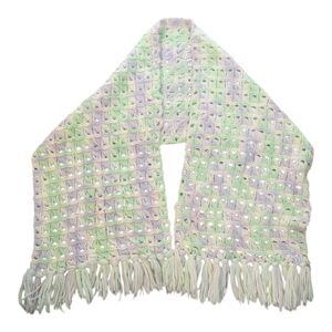 Vintage Hand Knitted Or Crocheted White Pink Purple Green Scarf Shawl Wrap 62"